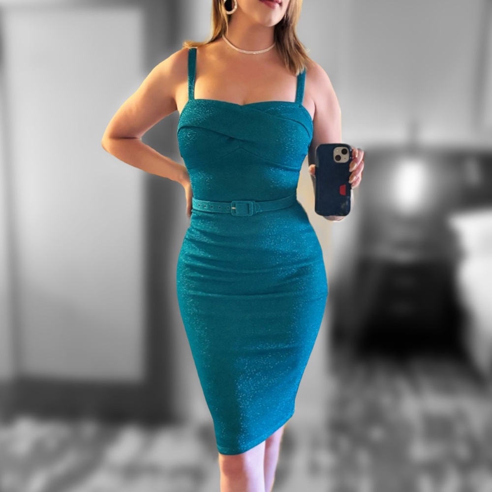 Vixen by Micheline Pitt Turquoise Lurex Jawbreaker Wiggle - Size M